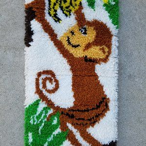 Vintage 70s Handmade Monkey Tapestry Wall Mount